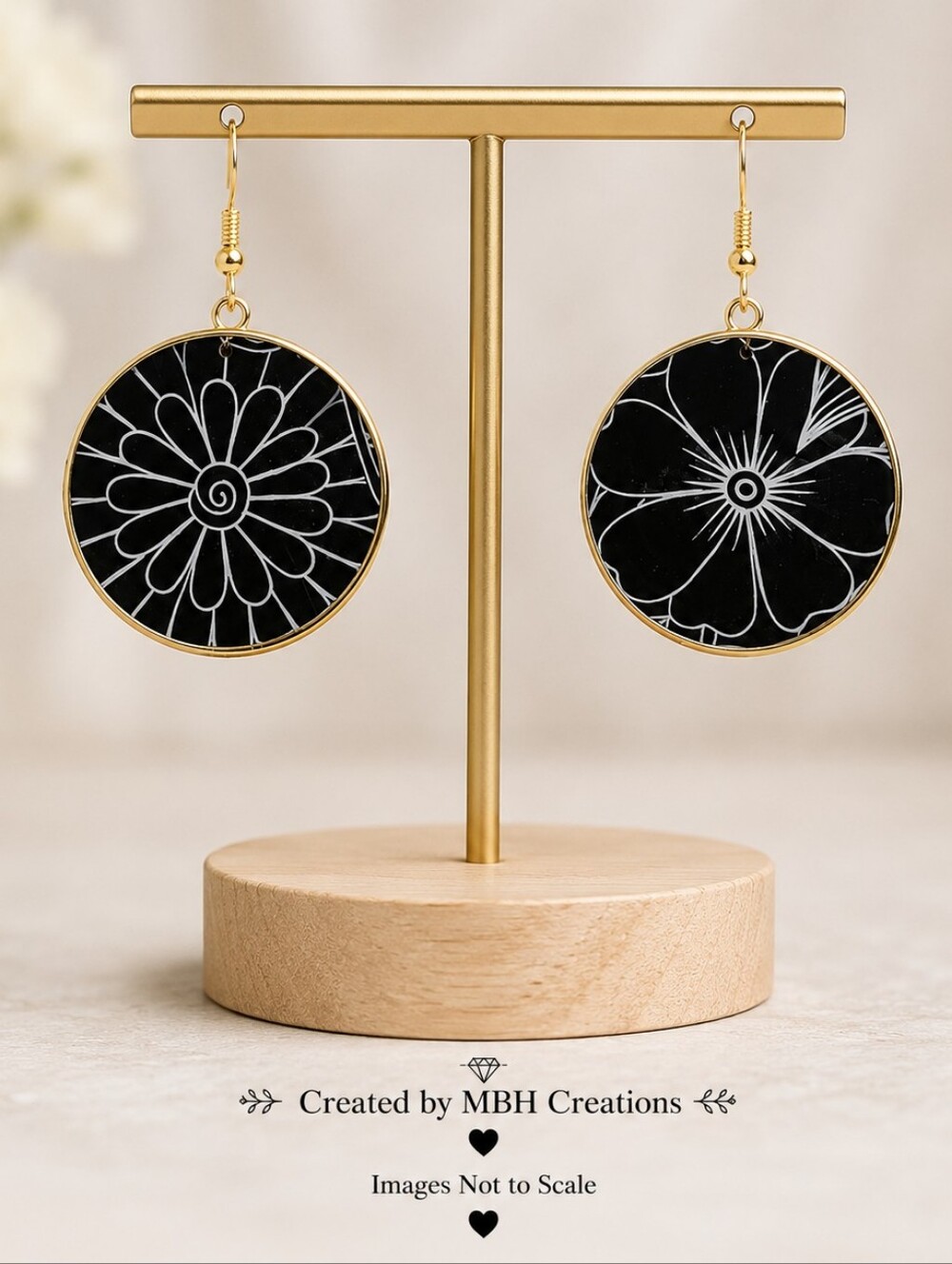 #554 HAND CRAFTED Earrings handcrafted handmade Resin White Black Floral